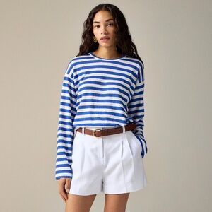 JCREW Size S Relaxed Linen Long-Sleeve T-Shirt Stripe Even Blue White $79 CI048
